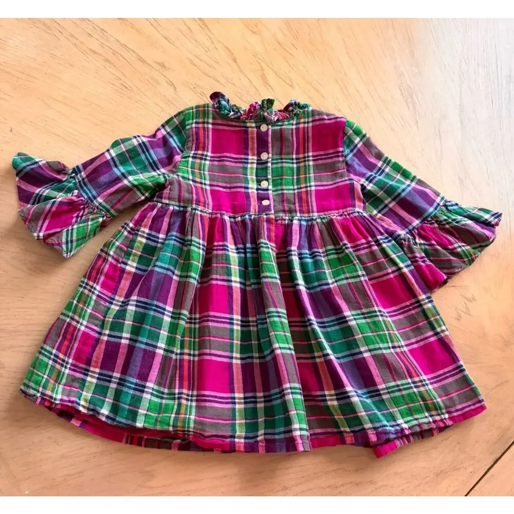 Ralph Lauren Plaid Tartan Babydoll Girls Dress 12M holiday Ruffles Pink Green